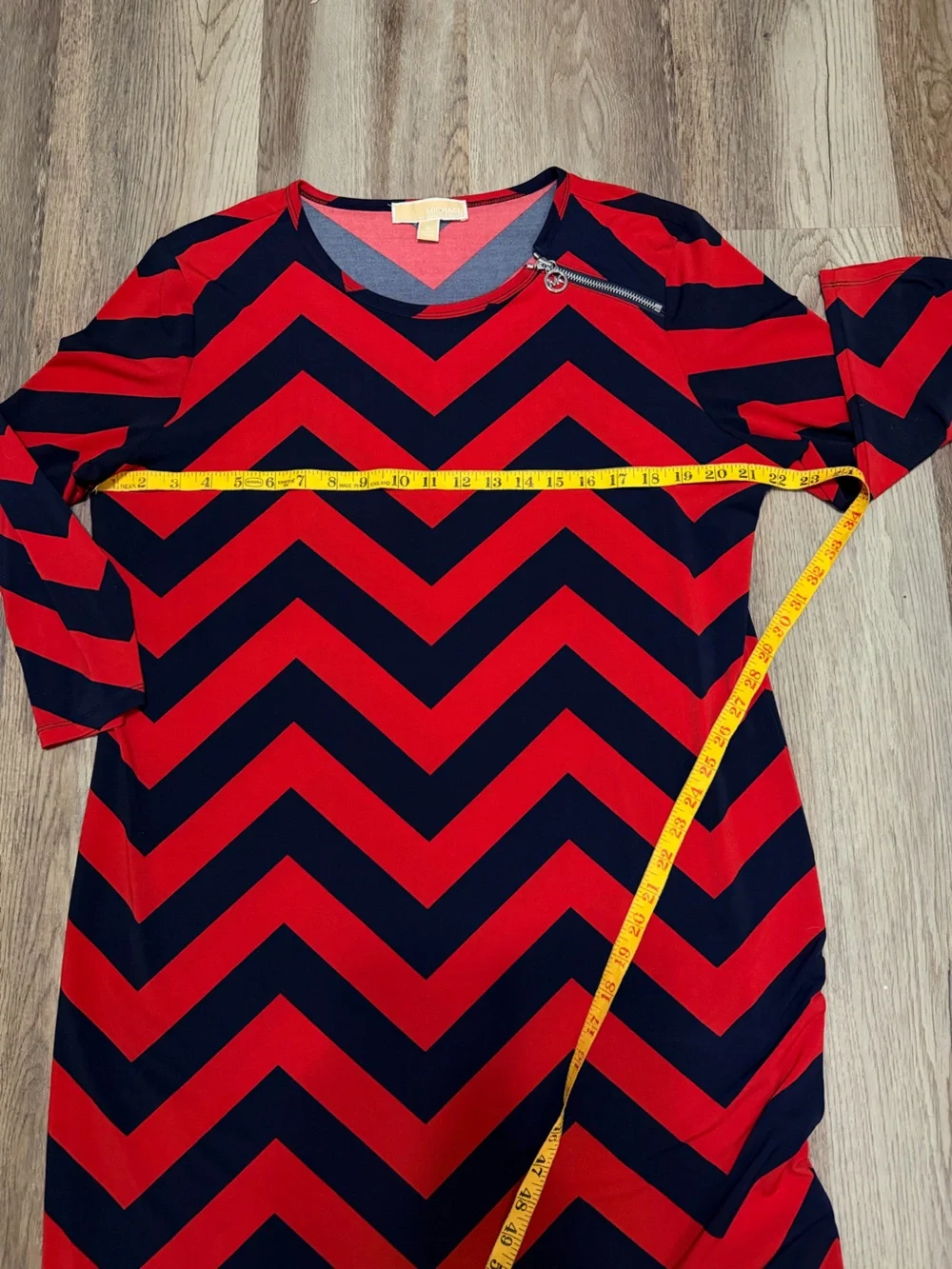 Michael Kors Red and Black Chevron Long Sleeve Shift Dress with Zip Accent